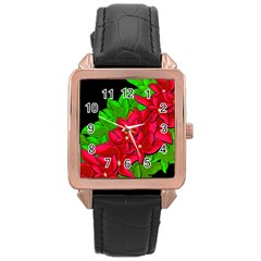 Xmas Red Flowers Rose Gold Leather Watch  by Valentinaart