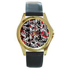 Red Abstract Flowers Round Gold Metal Watch by Valentinaart