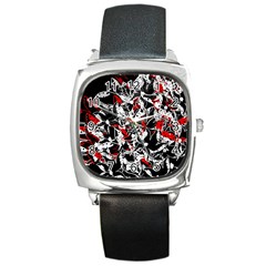 Red Abstract Flowers Square Metal Watch