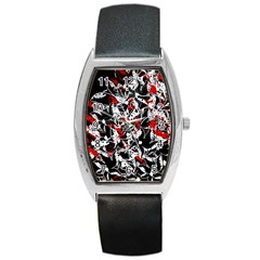 Red Abstract Flowers Barrel Style Metal Watch