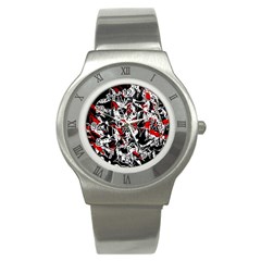 Red Abstract Flowers Stainless Steel Watch