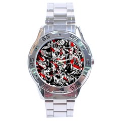 Red Abstract Flowers Stainless Steel Analogue Watch