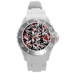 Red Abstract Flowers Round Plastic Sport Watch (l)