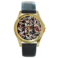 Abstract Floral Design Round Gold Metal Watch