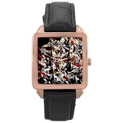 Abstract Floral Design Rose Gold Leather Watch 