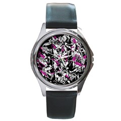 Purple Abstract Flowers Round Metal Watch by Valentinaart