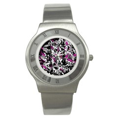 Purple Abstract Flowers Stainless Steel Watch