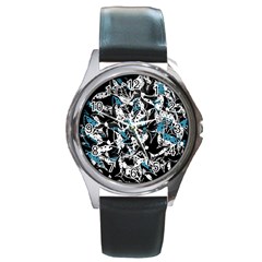 Blue Abstract Flowers Round Metal Watch