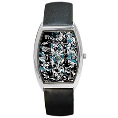 Blue Abstract Flowers Barrel Style Metal Watch