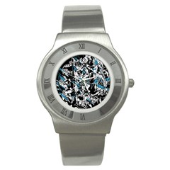 Blue Abstract Flowers Stainless Steel Watch