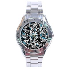 Blue Abstract Flowers Stainless Steel Analogue Watch