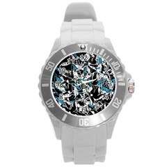 Blue Abstract Flowers Round Plastic Sport Watch (l)