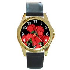 Red Tulips Round Gold Metal Watch