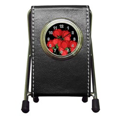 Red Tulips Pen Holder Desk Clocks by Valentinaart