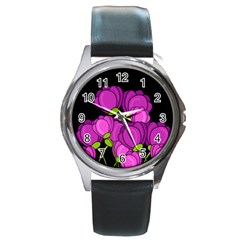 Purple Tulips Round Metal Watch