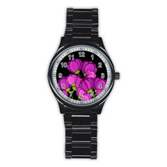 Purple Tulips Stainless Steel Round Watch