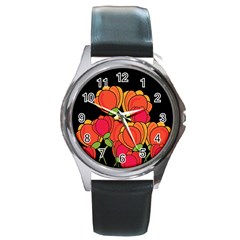 Orange Tulips Round Metal Watch