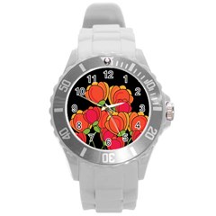 Orange Tulips Round Plastic Sport Watch (l) by Valentinaart