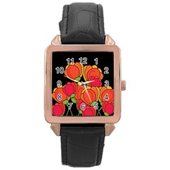 Orange Tulips Rose Gold Leather Watch 