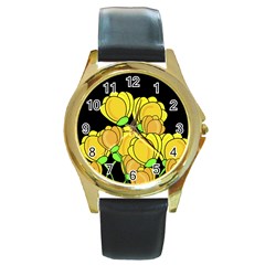 Yellow Tulips Round Gold Metal Watch