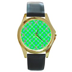 Mod Blue Circles On Bright Green Round Gold Metal Watch