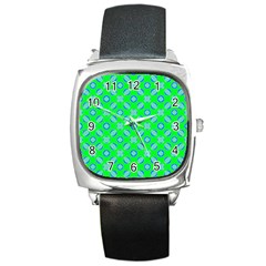 Mod Blue Circles On Bright Green Square Metal Watch