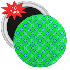 Mod Blue Circles On Bright Green 3  Magnets (10 Pack) 