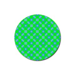 Mod Blue Circles On Bright Green Rubber Round Coaster (4 Pack)  by BrightVibesDesign