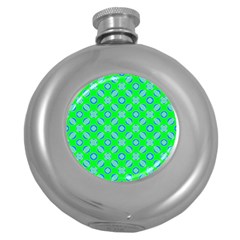 Mod Blue Circles On Bright Green Round Hip Flask (5 Oz)