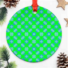 Mod Blue Circles On Bright Green Round Ornament (two Sides) 