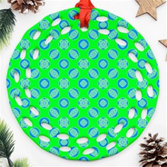 Mod Blue Circles On Bright Green Round Filigree Ornament (2side) by BrightVibesDesign