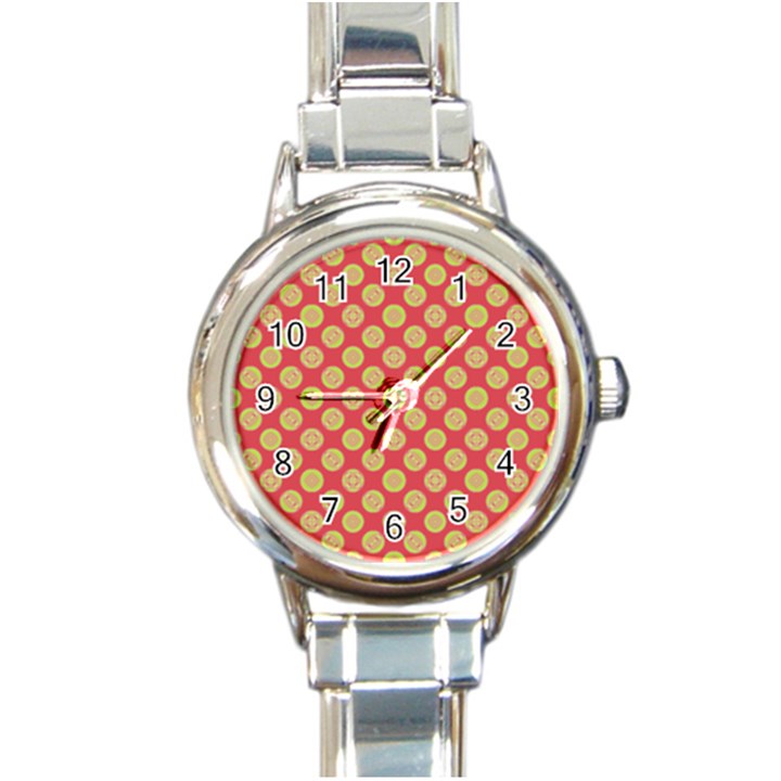 Mod Yellow Circles On Orange Round Italian Charm Watch