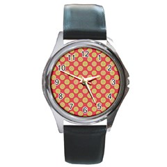 Mod Yellow Circles On Orange Round Metal Watch