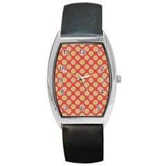 Mod Yellow Circles On Orange Barrel Style Metal Watch