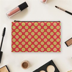 Mod Yellow Circles On Orange Cosmetic Bag (medium)  by BrightVibesDesign