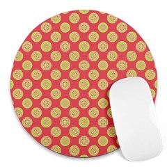 Mod Yellow Circles On Orange Round Mousepads by BrightVibesDesign