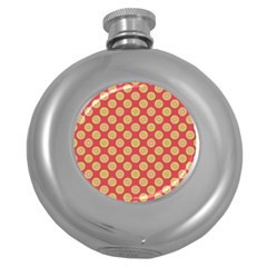 Mod Yellow Circles On Orange Round Hip Flask (5 Oz) by BrightVibesDesign