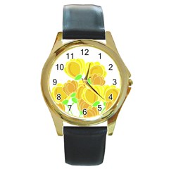 Yellow Flowers Round Gold Metal Watch by Valentinaart