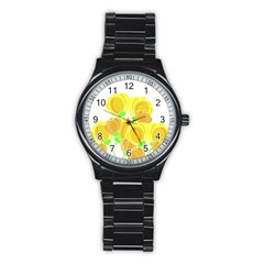 Yellow Flowers Stainless Steel Round Watch