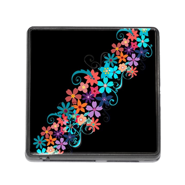 Coorful Flower Design On Black Background Memory Card Reader (Square)