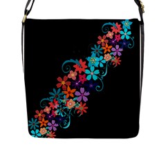 Coorful Flower Design On Black Background Flap Messenger Bag (l)  by GabriellaDavid