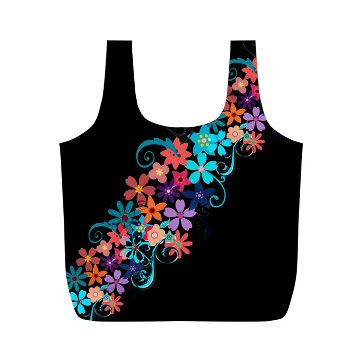 Coorful Flower Design On Black Background Full Print Recycle Bags (M) 