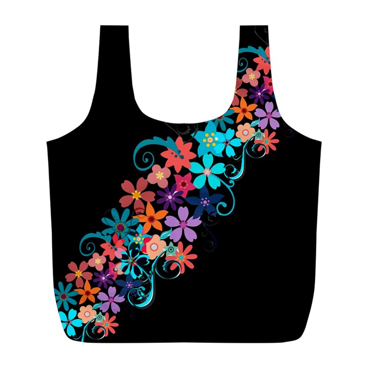 Coorful Flower Design On Black Background Full Print Recycle Bags (L) 