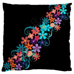 Coorful Flower Design On Black Background Large Flano Cushion Case (one Side) by GabriellaDavid