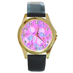 Pink Garden Round Gold Metal Watch by Valentinaart