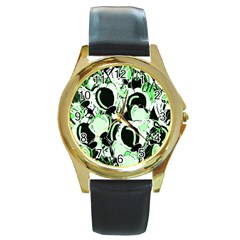 Green Abstract Garden Round Gold Metal Watch by Valentinaart