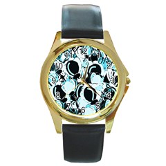 Blue Abstract  Garden Round Gold Metal Watch by Valentinaart