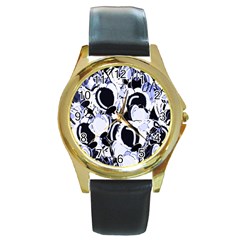 Blue Abstract Floral Design Round Gold Metal Watch