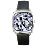 Blue abstract floral design Square Metal Watch Front