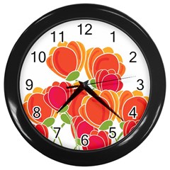 Orange Flowers  Wall Clocks (black)